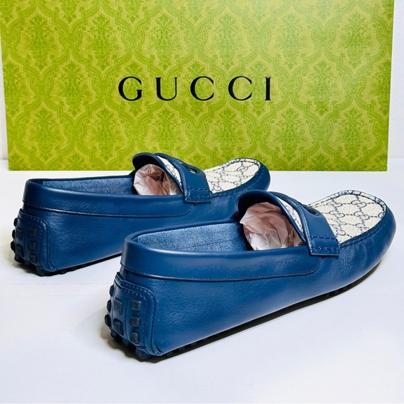 Gucci Interlocking G Driver Loafers Blue Classic Double G Canvas Size 10.5 NEW! - Picture 7 of 16